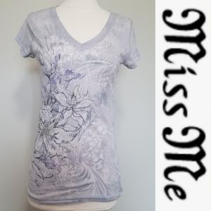Miss Me Floral Bling Burn Out Top sz Large gray silver
